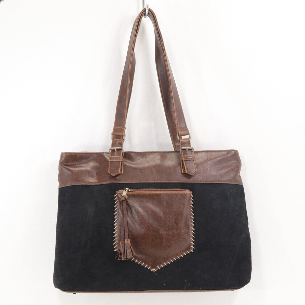 Madison Ridge Tote Bag Black Canvas Brown Faux Leather Leopard Print Lined